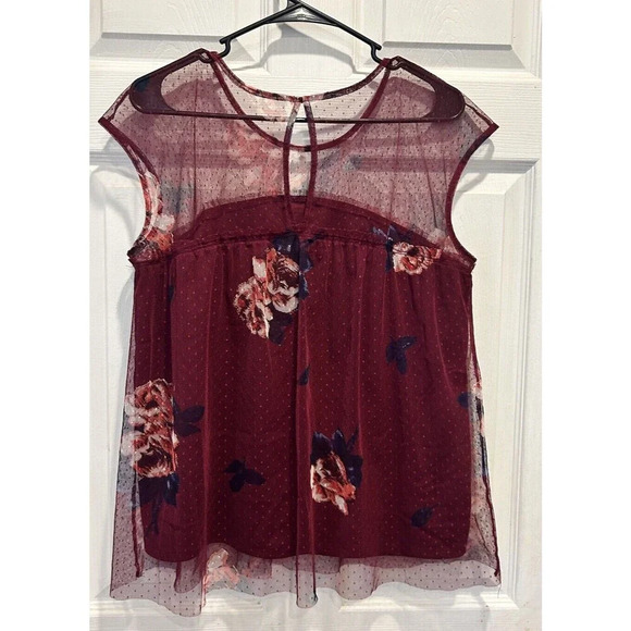 Maurices Burgundy Maroon Floral Net Mesh Lace Lined Blouse Top Size Large - Picture 7 of 9